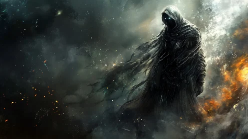 Hooded wraith strides through burning cosmic stormscape.