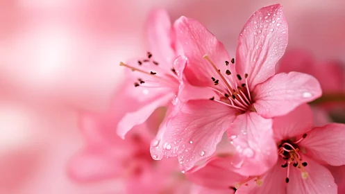 Pink Azalea Blossoms with Dew Droplets in Selective Focus.