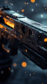 Macro view of wet metal firearm slide with cinematic bokeh lighting