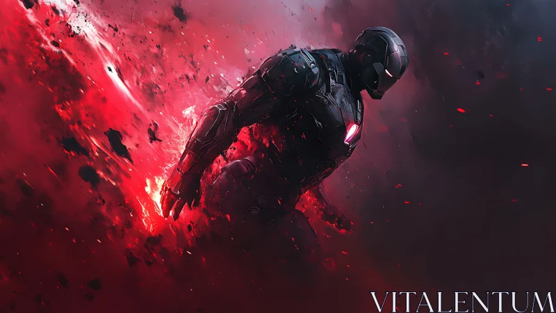 Armored sci fi warrior strides through red explosive smoke.
