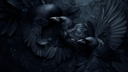 Digital painting of three ravens in nocturnal radial composition.