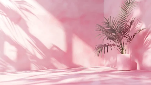 Pink monochrome interior with potted palm and cast shadows