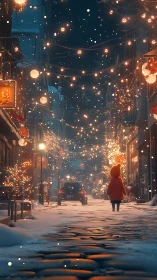 Snowlit child wandering beneath glowing winter street lights.