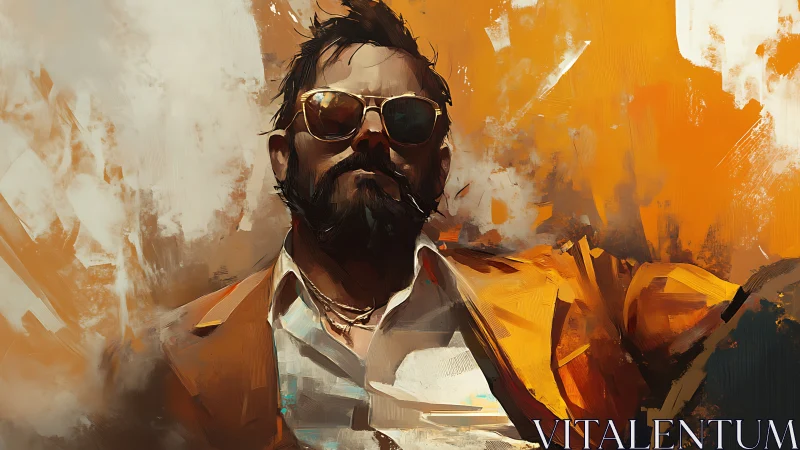 Bearded man in sunglasses posed against abstract orange field