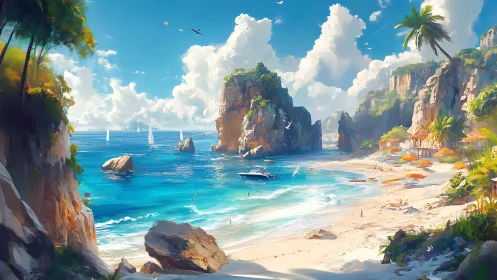 Coastal landscape depicts cliff formations sheltering tropical beach cove