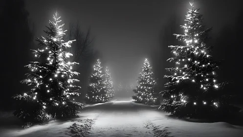 Nocturnal winter avenue with illuminated conifer arrayed symmetrically.