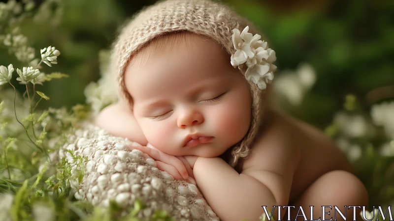 Newborn sleeps on textured blanket amid soft green florals