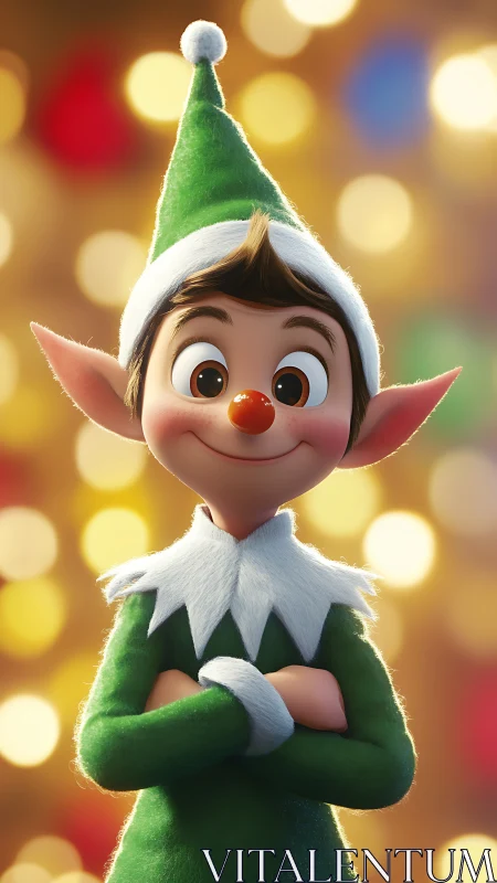 Cheerful young Christmas elf posed against bokeh lights.