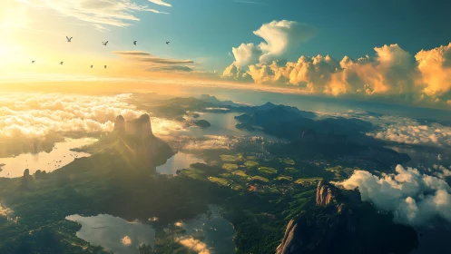 Sunlit cloudscape embraces emerald mountains and distant bay