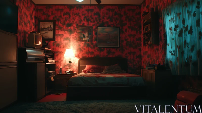 Moody retro bedroom with patterned walls and dim lamp light.