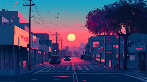 Calm city street glowing in soft neon evening sunset light.