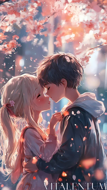 Spring twilight kiss beneath drifting sakura petals.