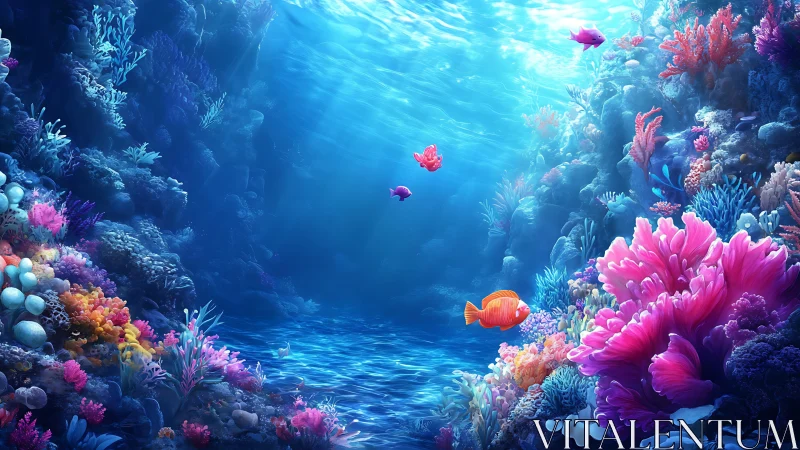 Colorful coral reef scene shows tropical fish in clear water