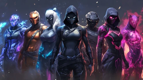 Cybernetic strike squad lines up in neon-illuminated tactical armor