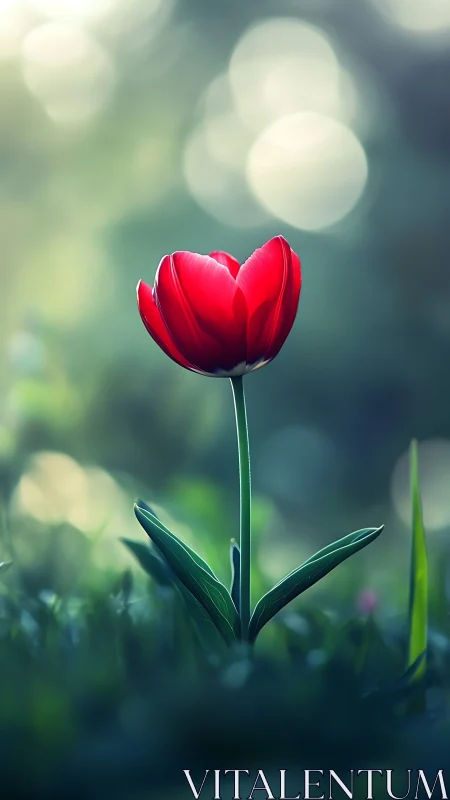 Single red tulip glows softly in dreamy garden bokeh