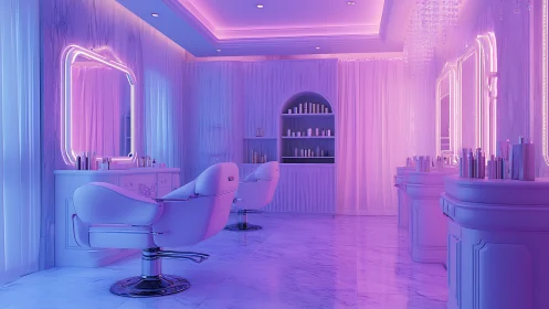 Neon-lit pastel salon interior with glossy marble flooring.