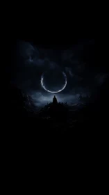 Solitary cloaked figure beneath luminous crescent in void.