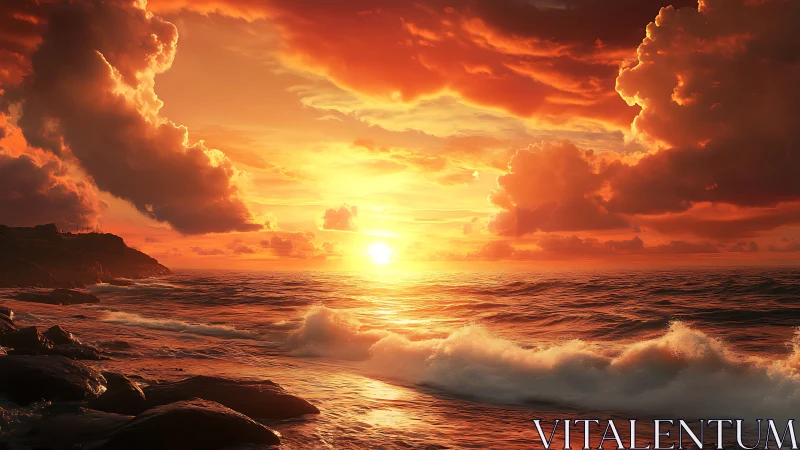 Digital seascape sunset with dramatic cloud architecture.