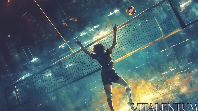 Volleyball player jumping at net under vivid stadium lights.