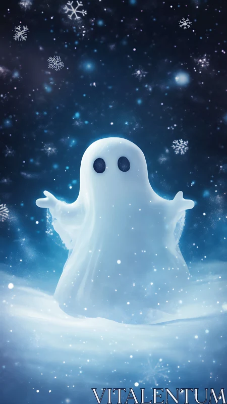 Ghost figure in snowy night with falling snowflakes.