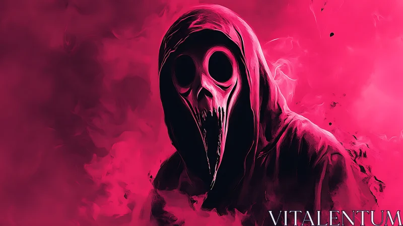 Hooded spectral figure with distorted skull mask in magenta fog
