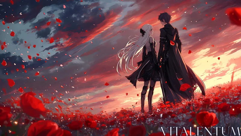 Anime couple in red flower field at dramatic sunset.