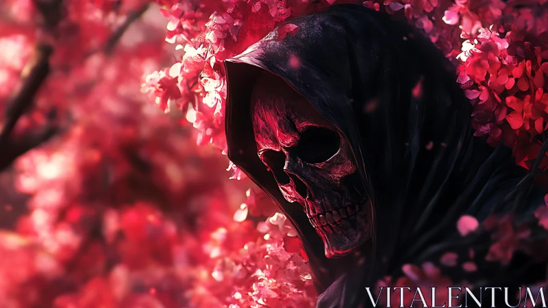 Hooded crimson reaper emerges amid glowing cherry blossoms