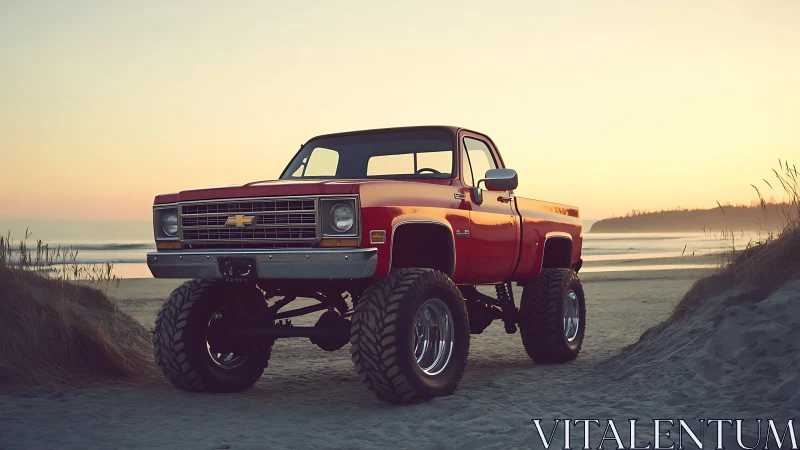 Lifted classic red Chevy pickup parked on quiet beach.