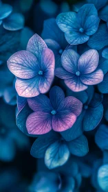 Blue Hydrangea Blooms with Pink Accents. Close-up Study.