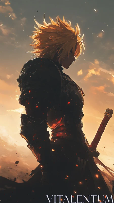 Armored warrior silhouette with sword at dusk sky backdrop.