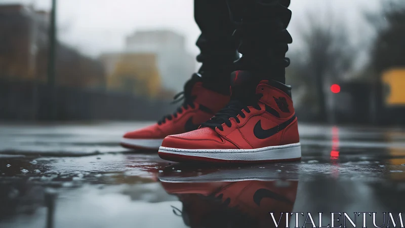 Crimson street sneakers mirrored on rain soaked pavement.