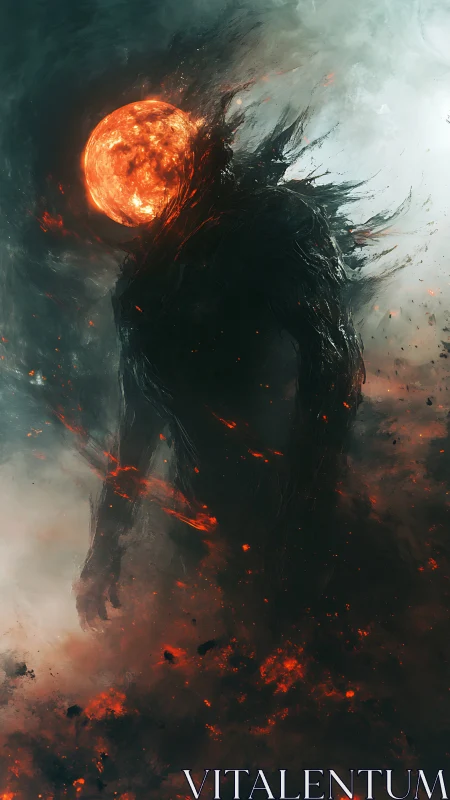 Molten-headed cosmic titan strides through swirling embers