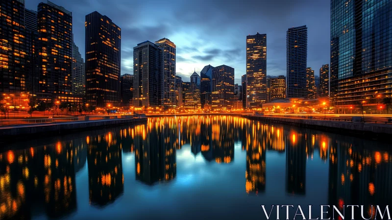 Twilight city skyline with river reflections and high-rise lights