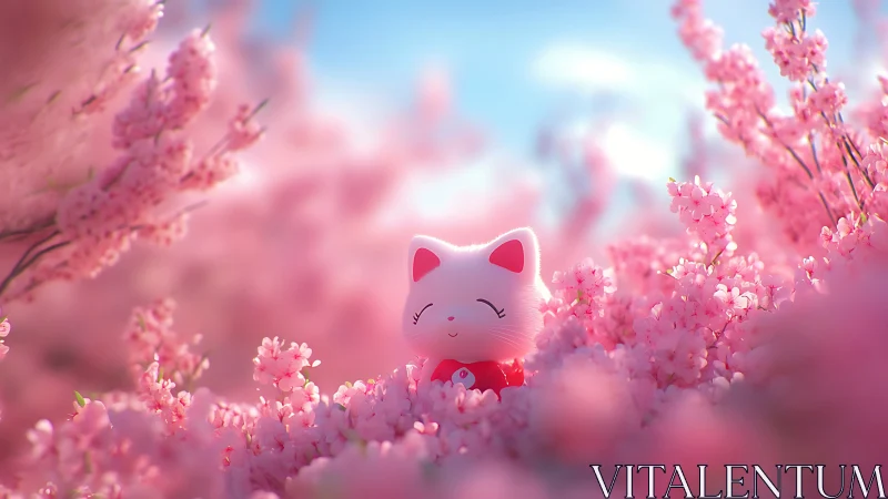 Smiling lucky cat resting in a dreamy pink blossom garden.