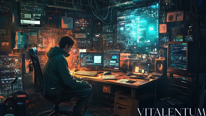 Hooded computer user monitors data streams in cluttered lab