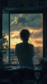 Pensive woman watches a stormlit sunset beyond her window