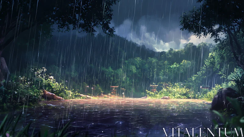 Torrential summer rain over forest clearing and reflective pond