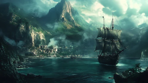 Galleon entering misty mountain harbor under dramatic storm light