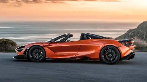 Orange convertible supercar parked by coastal roadway.