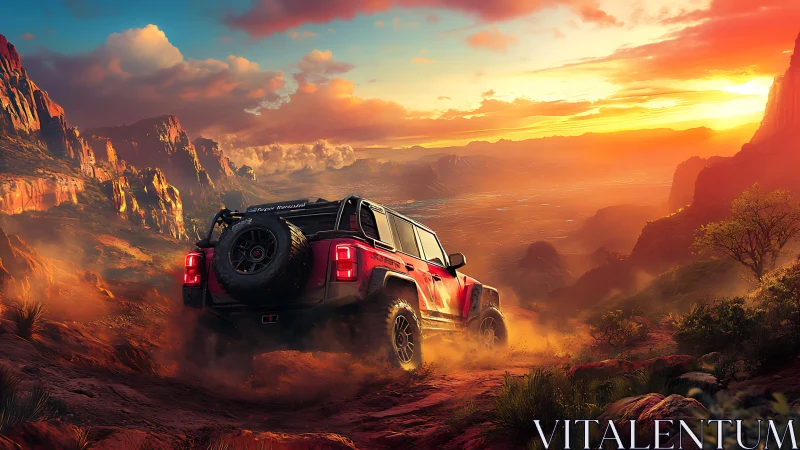 Off-road vehicle descending rocky canyon trail at sunset.