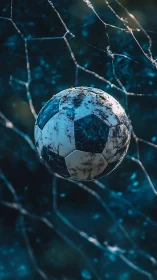 Weathered soccer ball is suspended within deformed goal net
