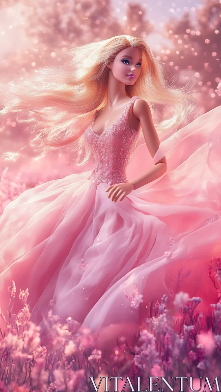Blonde fashion doll stands in flowing pink gown outdoors