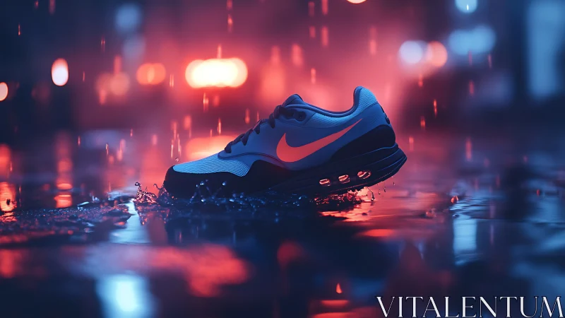 Running sneaker in rain with neon city reflections at night.