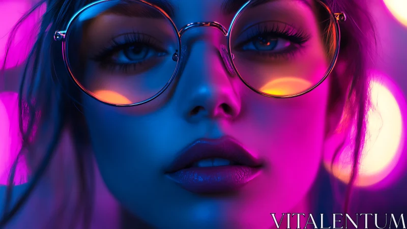Neon lit closeup portrait of woman in round glasses.