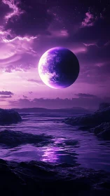 Lavender moonrise over a quiet otherworldly shoreline.