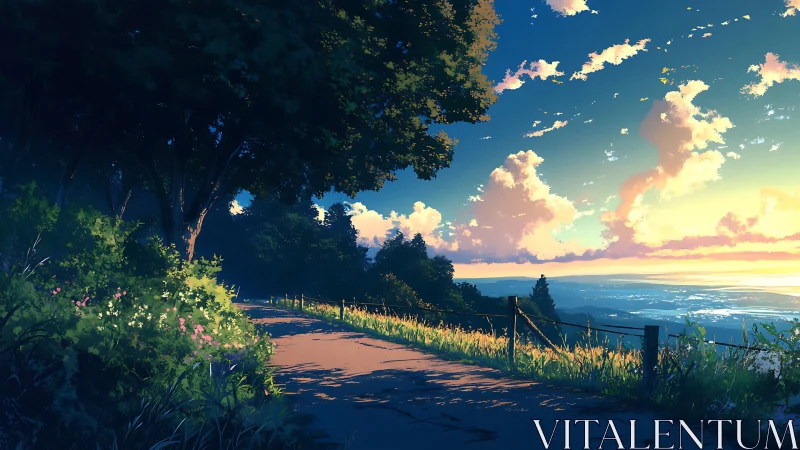 Sunlit hill road beside forest edge at calm sunset.