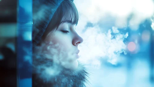 Young woman exhaling breath in cold winter air, dreamy blue tones.