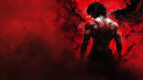 Demonic warrior backlit by turbulent red energy cloud gradients