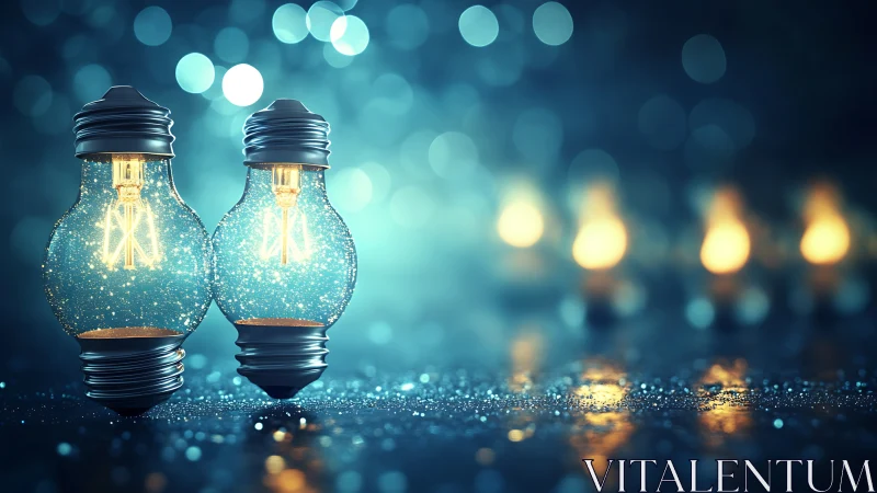 Glowing light bulbs share a dreamy moment in soft blue bokeh