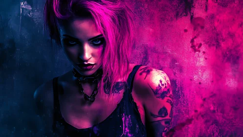 Neon-haired cyberpunk rebel stands in vivid magenta haze.